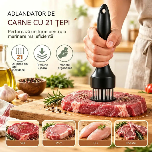 Frăgezitor de carne din oțel inoxidabil, cu 21 de ace, pentru friptură, grătar și gătit.