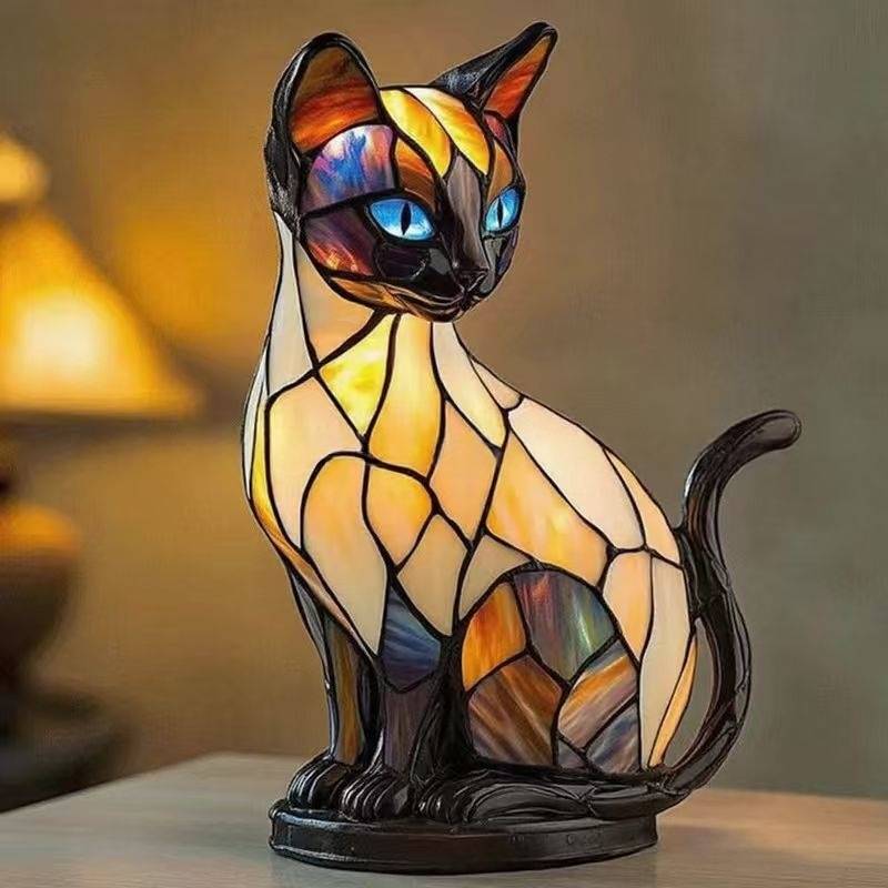 🐱Lampă de masă în formă de pisică, lumină de noapte retro, realizată din rășină colorată cu model de pisică