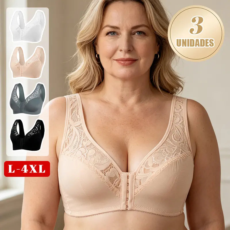 💖Cel mai mic preț de până acum! 【Set 3 piese】【Mărimi L-4XL】😍🩲 Sutien push-up mărime plus: dantelă rafinată, design push-up, cu cupe și închidere frontală.