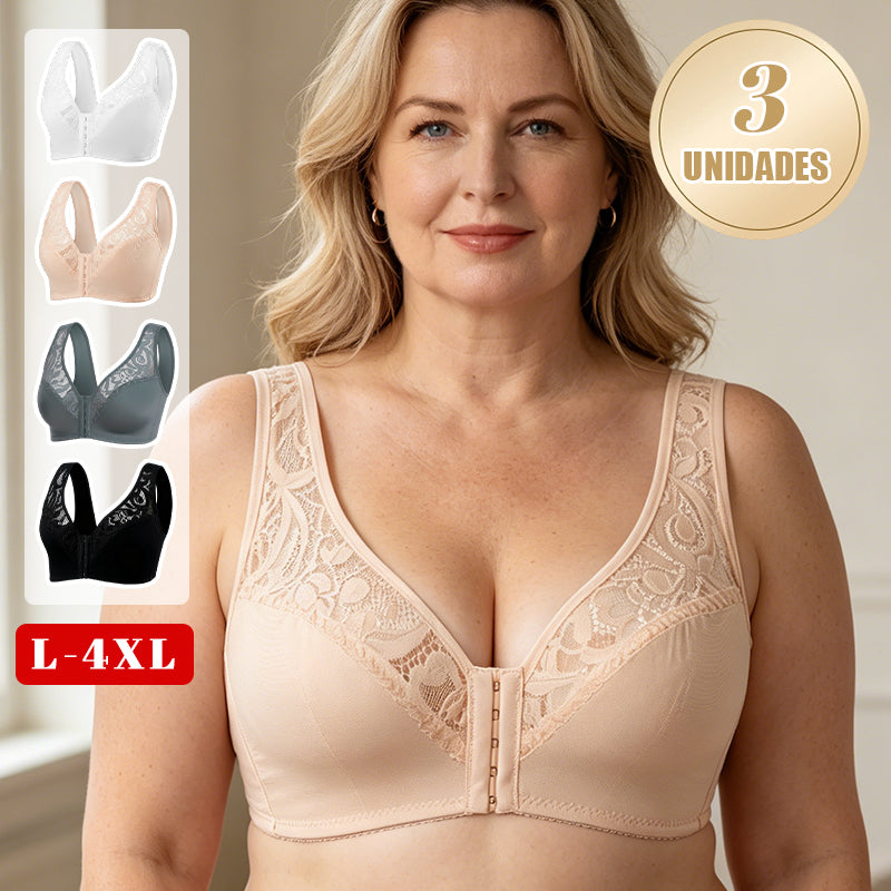💖Cel mai mic preț de până acum! 【Set 3 piese】【Mărimi L-4XL】😍🩲 Sutien push-up mărime plus: dantelă rafinată, design push-up, cu cupe și închidere frontală.