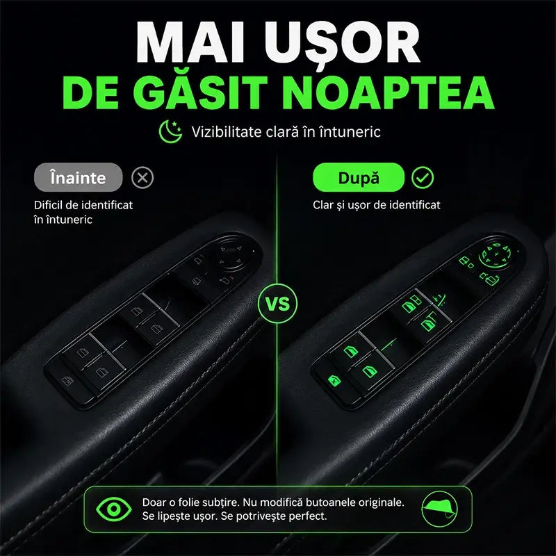 🚗💡✨Autocolante Fluorescente/Fotoluminiscente Universal pentru Butoane Auto – Vizibilitate Perfectă Noaptea, Instalare Rapidă și Fără Urme (Set 4 Piese / Pachet Combinat)