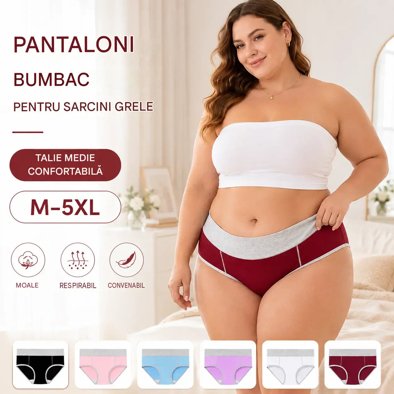 🩲【40 kg–110 kg】Set de 5 piese💕Lenjerie intimă antibacteriană din bumbac pur, cu talie înaltă și absorbție a umezelii.