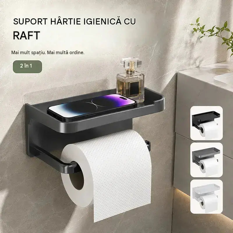 Suport de hârtie igienică montat pe perete cu accesorii, bază solidă, raft modern pentru baie, ușor de instalat, poate ține telefoane mobile și alte obiecte.