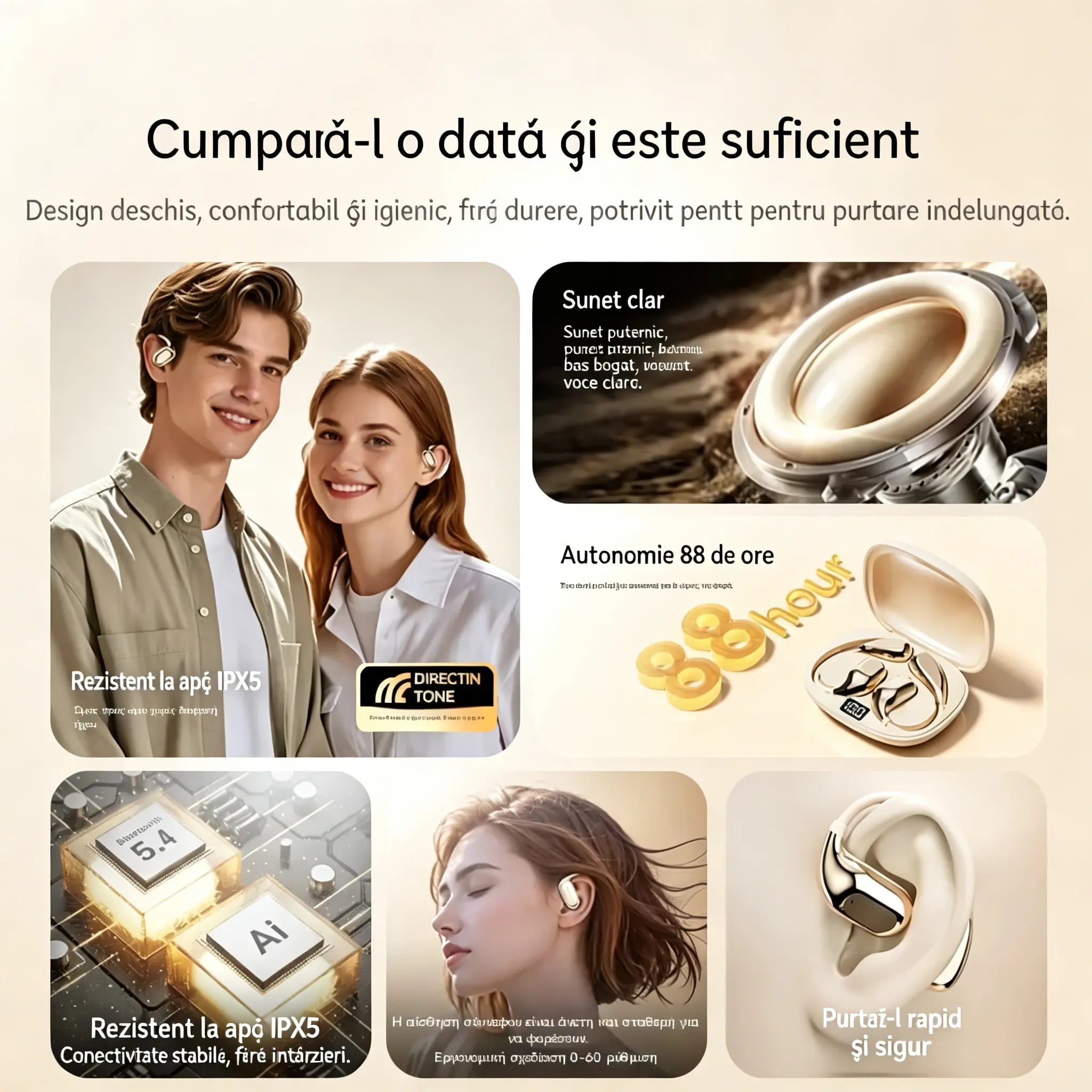 🔋Căști Bluetooth wireless fără ureche încorporată, cu cârlig pentru ureche și conducție osoasă🎙️🎧