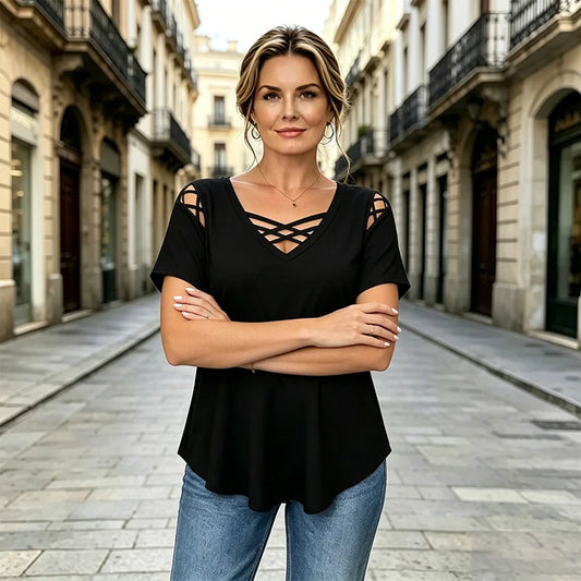 👚 Tricou din bumbac 100% cu decolteu în V, design încrucișat și decupaje｜modern și respirabil