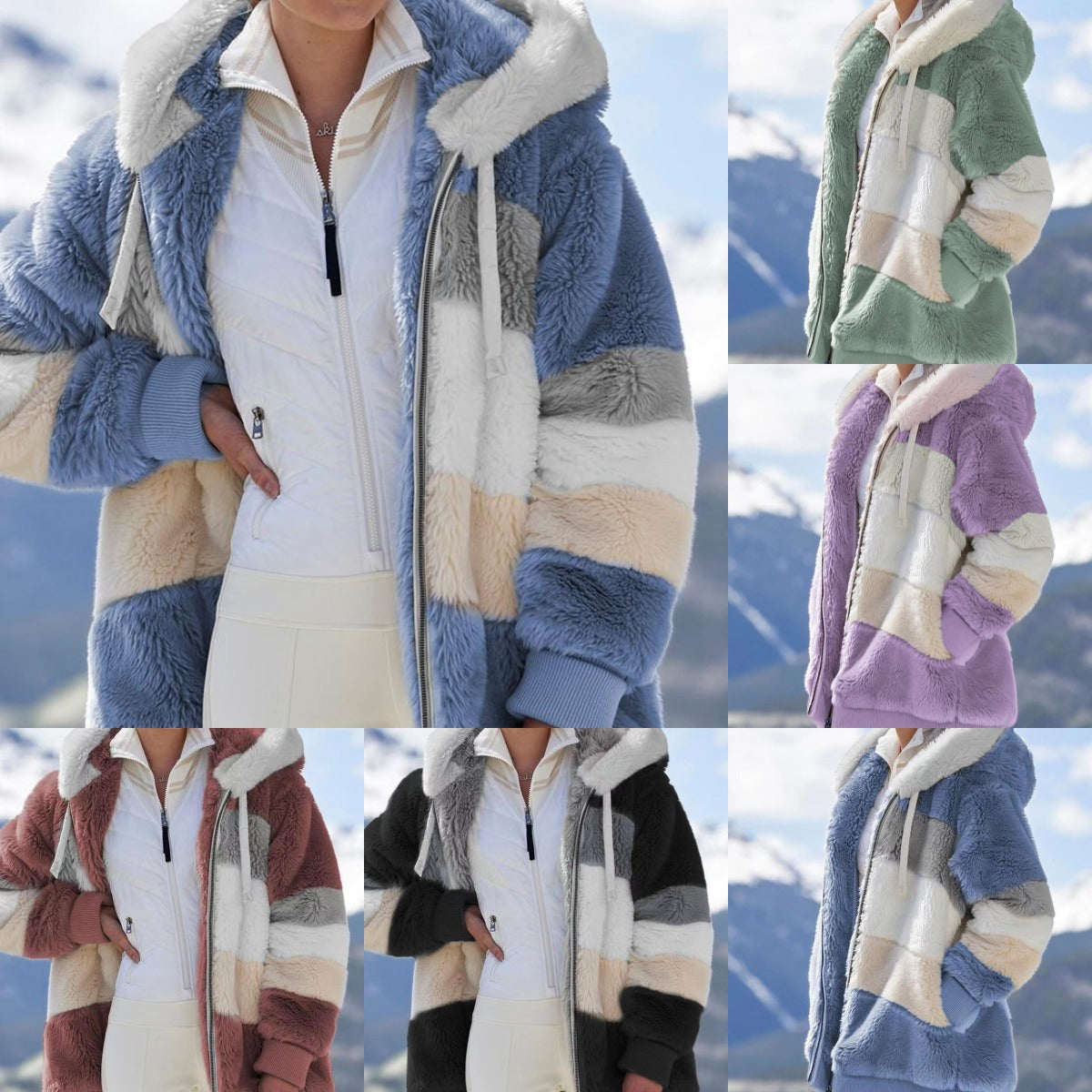🔥Ofertă limitată, beneficiază de o reducere de 50%!💥☃️❄️Jachetă nouă din fleece groasă pentru femei, cu design în dungi și blocuri de culoare