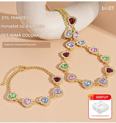 💖(brățară și colier) Set colorat în formă de inimă, cu accente de diamante în stil francez