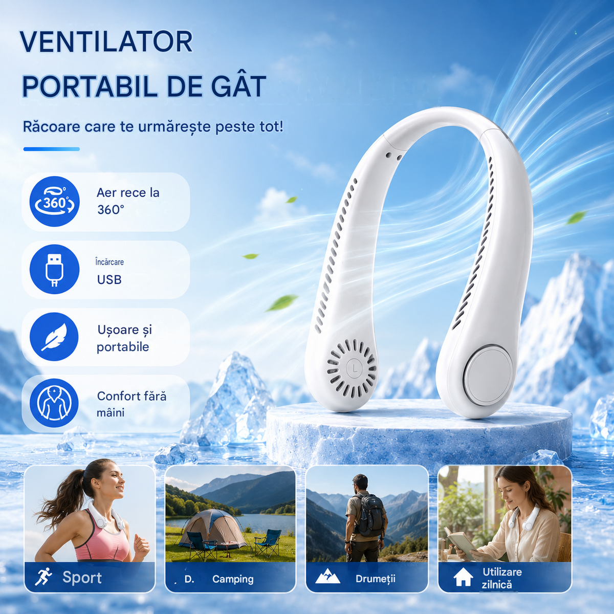 💨 Ventilator de aer condiționat cu gât – Extrem de silențios, portabil și rotativ la 360° – Ideal pentru vară🌞