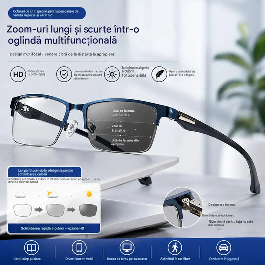 Ochelari de citit semi-ramă pentru persoane de vârstă mijlocie și vârstnici, cu funcții de zoom, multifocale, fotosensibile, fotocromatice și de blocare a luminii albastre