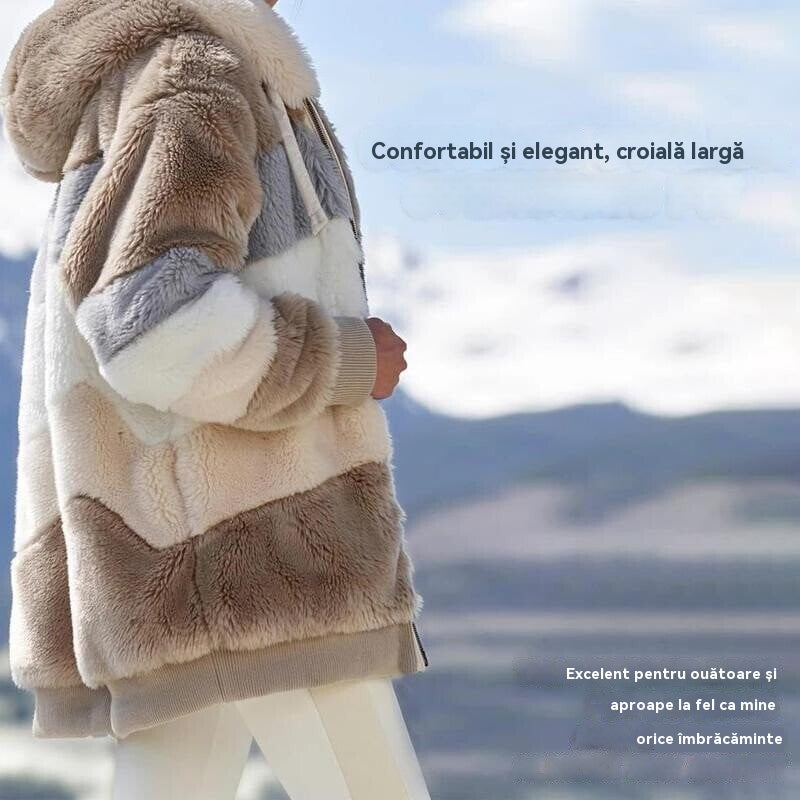 🔥Ofertă limitată, beneficiază de o reducere de 50%!💥☃️❄️Jachetă nouă din fleece groasă pentru femei, cu design în dungi și blocuri de culoare