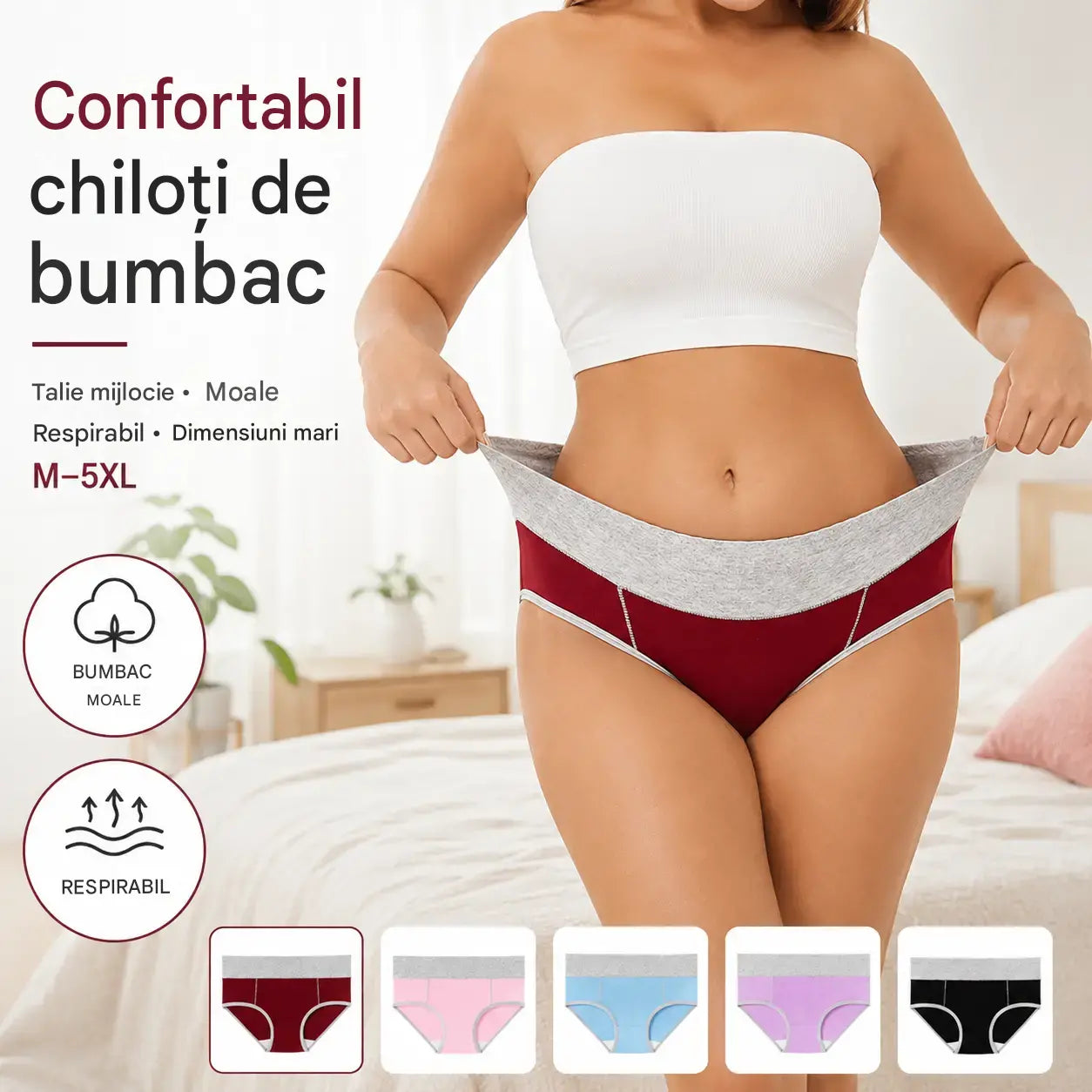🩲【40 kg–110 kg】Set de 5 piese💕Lenjerie intimă antibacteriană din bumbac pur, cu talie înaltă și absorbție a umezelii.