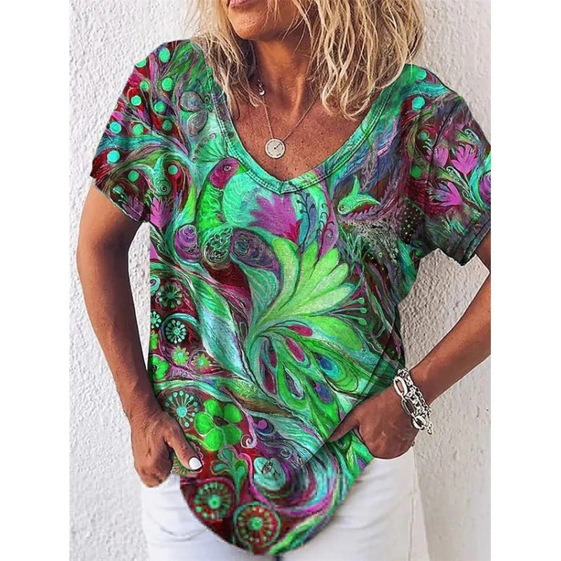🔥🥰【S-5XL 】Cămașă de vară cu decolteu în V cu imprimeu abstract pentru femei