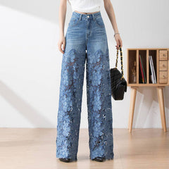 2026 Pantaloni din denim albastru cu talie înaltă și croi larg, cusături goale din dantelă [40kg-120kg]