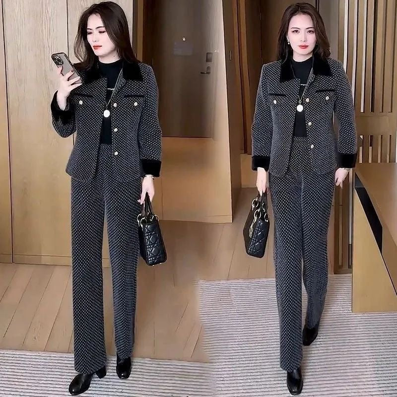 🎀【Jachetă + Pantaloni】🔥【M-5XL】Set nou de două piese pentru femei, jachetă scurtă, slim, cu pantaloni largi, de iarnă