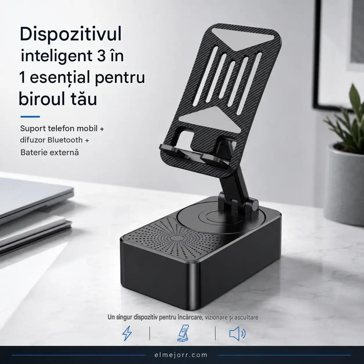 🔥3 în 1: Boxă Bluetooth + Încărcător + Suport telefon mobil cu rotire la 360° 📱🔊⚡