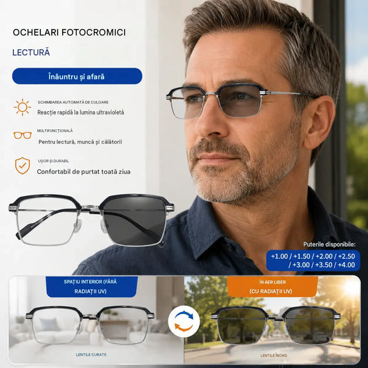 Ochelari de citit fotocromatici cu blocare a luminii albastre, ochelari de citit unisex, ochelari de soare cu protecție solară