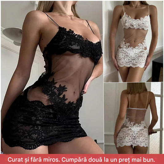 😍Rochie sexy din plasă transparentă, împodobită cu dantelă brodată