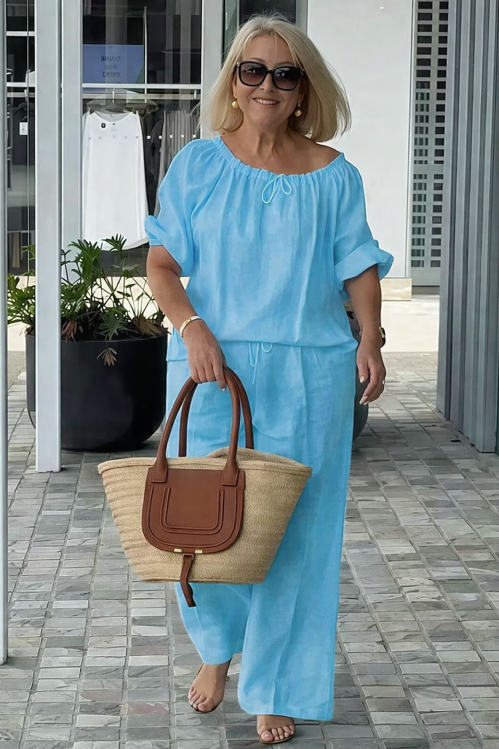 👑💃Set vară 2026, croială lejeră din bumbac și in 【Bluză cu guler rotund și șnur + pantaloni】