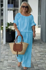 👑💃Set vară 2026, croială lejeră din bumbac și in 【Bluză cu guler rotund și șnur + pantaloni】
