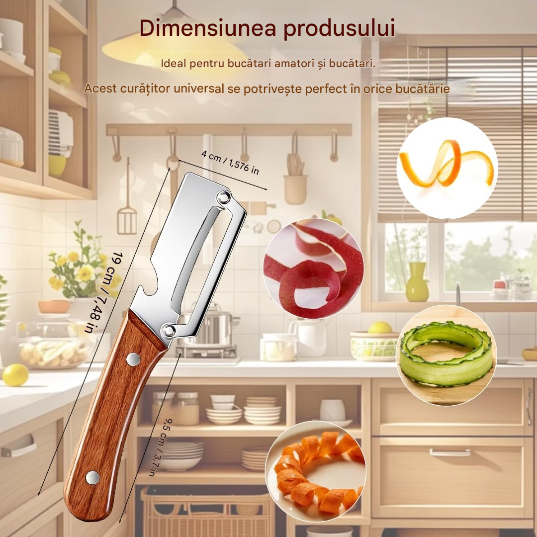 🔪🔥Această răzuitoare de bucătărie multifuncțională are o lamă ultra-ascuțită din oțel inoxidabil și un mâner din lemn și include și un desfăcător de sticle.