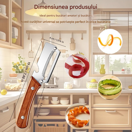 🔪🔥Această răzuitoare de bucătărie multifuncțională are o lamă ultra-ascuțită din oțel inoxidabil și un mâner din lemn și include și un desfăcător de sticle.