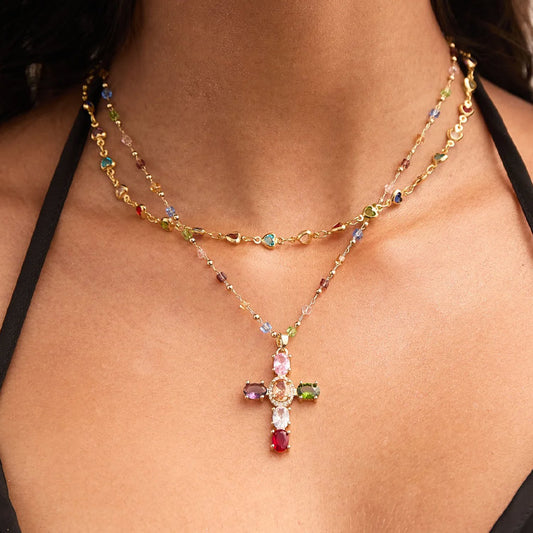 👍🥰🥰Promoție - Reducere 50% - Colier cruce cu zirconiu cubic colorat - Vine cu o cutie frumoasă de bijuterii