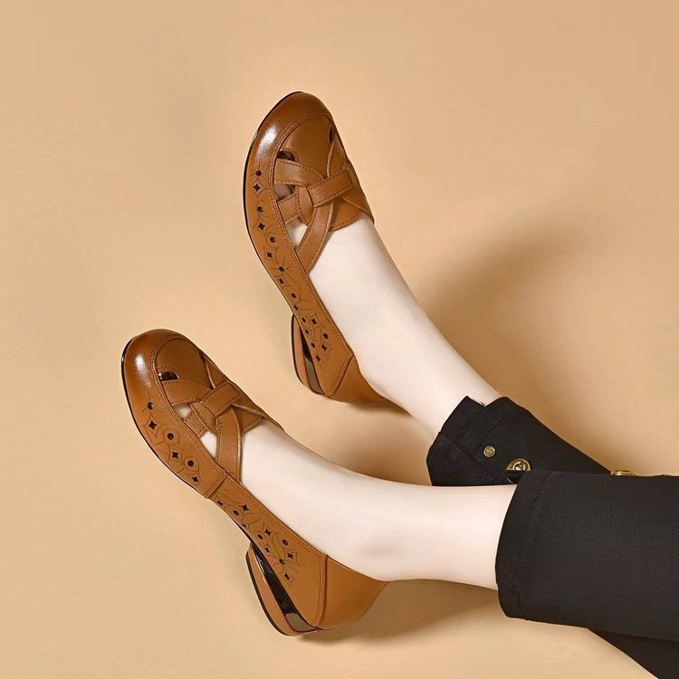 💞【35-40】 2026 Sandale de damă noi, cu vârf rotund, din piele naturală, cu toc mic