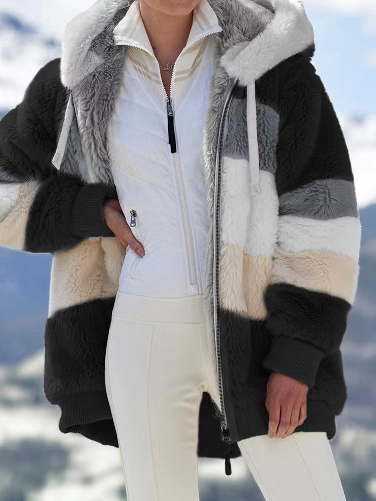 🔥Ofertă limitată, beneficiază de o reducere de 50%!💥☃️❄️Jachetă nouă din fleece groasă pentru femei, cu design în dungi și blocuri de culoare