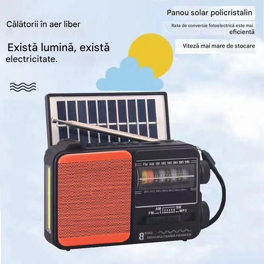 💥🏕️Un radio portabil multifuncțional cu lanternă de urgență, radio AM, hard disk Bluetooth și funcționalitate audio multizonă.