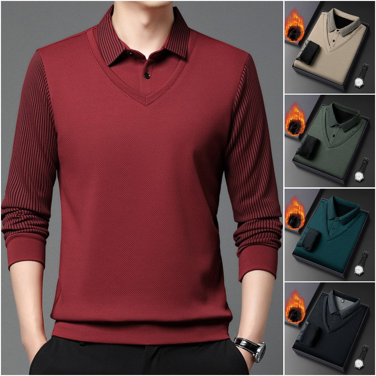 【M-4XL】Cămașă POLO fals din două piese cu dungi patchwork