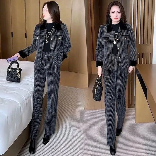 🎀【Jachetă + Pantaloni】🔥【M-5XL】Set nou de două piese pentru femei, jachetă scurtă, slim, cu pantaloni largi, de iarnă