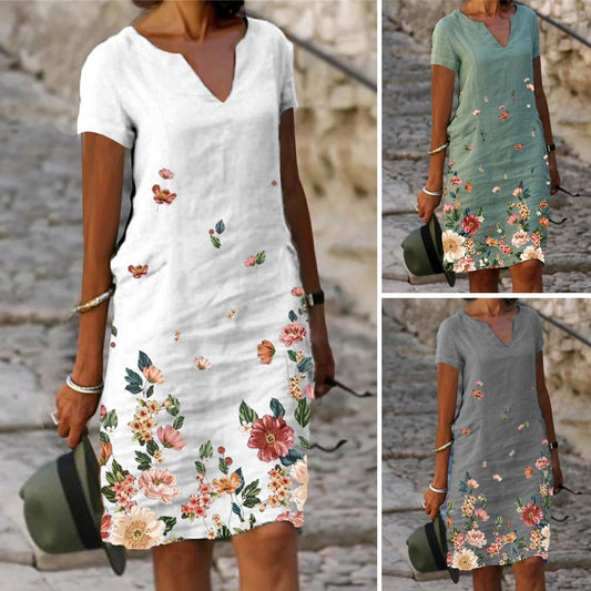 【S-3XL】🌺🦋2026 Rochie cu mânecă scurtă și decolteu în V, cu imprimeu cu flori și fluturi