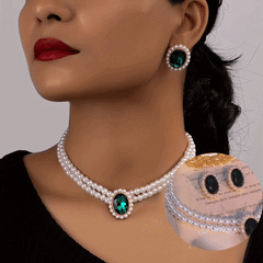 📿💎[Colier + cercei] Set cercei retro cu smarald și colier de perle