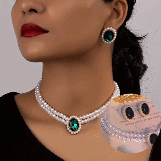 📿💎[Colier + cercei] Set cercei retro cu smarald și colier de perle