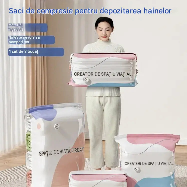 👕📦【5 bucăți 129 lei】Sacoșe de compresie pentru depozitarea hainelor; nu necesită aspirator; design consolidat.