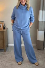 🍂🐏【Produs nou! Reducere de 50% timp limitat】Costum de două piese pentru femei, inclusiv bluză cu guler înalt și pantaloni de relaxare 🔥