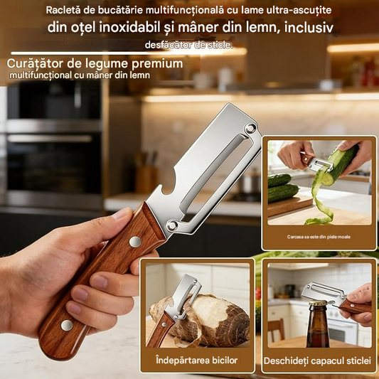 🔪🔥Această răzuitoare de bucătărie multifuncțională are o lamă ultra-ascuțită din oțel inoxidabil și un mâner din lemn și include și un desfăcător de sticle.