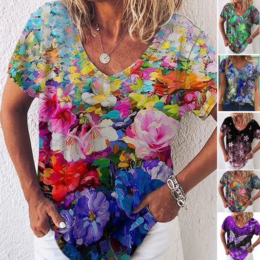 🔥🥰【S-5XL 】Cămașă de vară cu decolteu în V cu imprimeu abstract pentru femei