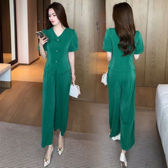 🌸【Top + pantaloni cu picioare largi】Costum de mătase de gheață la modă