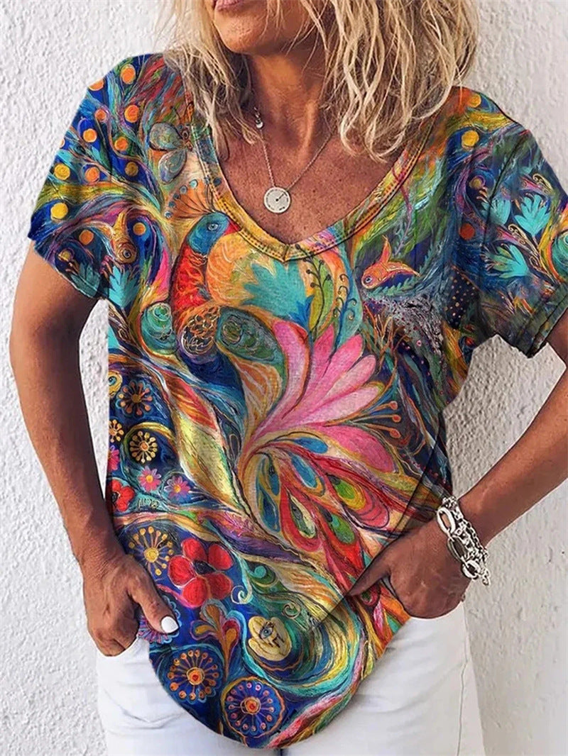 🔥🥰【S-5XL 】Cămașă de vară cu decolteu în V cu imprimeu abstract pentru femei