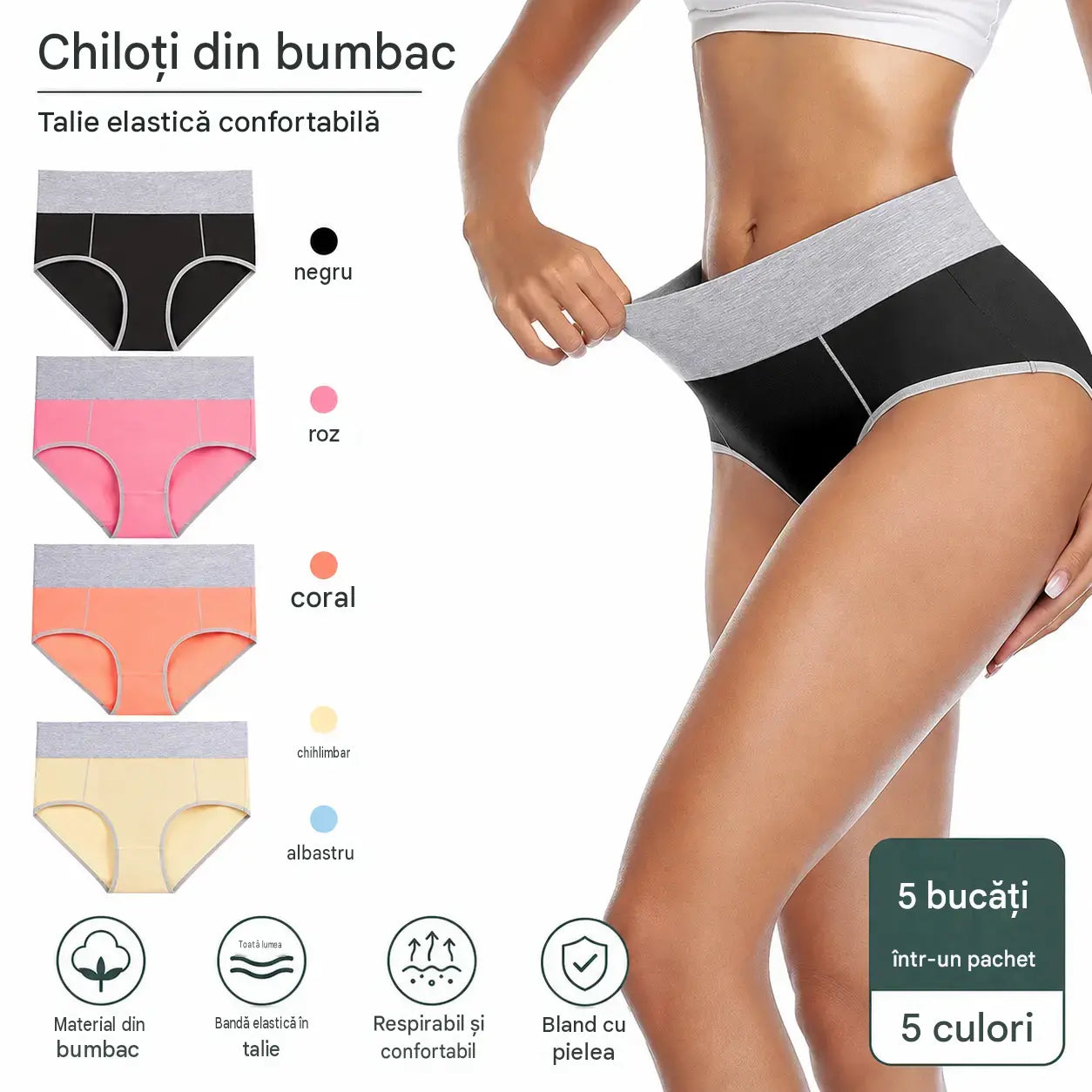 🩲【40 kg–110 kg】Set de 5 piese💕Lenjerie intimă antibacteriană din bumbac pur, cu talie înaltă și absorbție a umezelii.