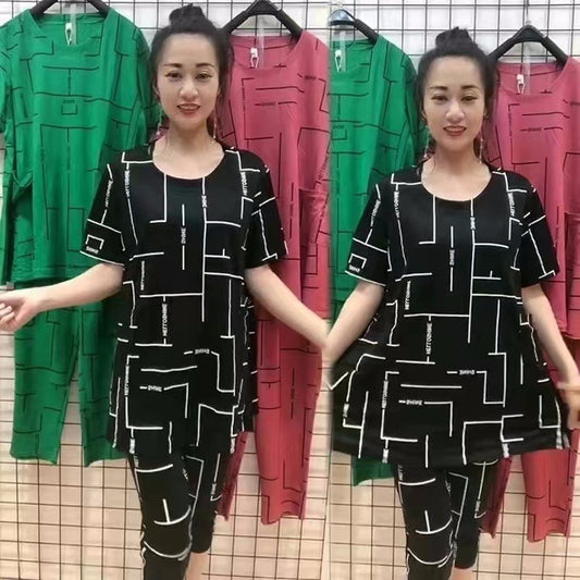 【Top + Pantaloni】🔥Costum de femeie cu mânecă scurtă, stil nou 2026, lejer, pentru femei de vârstă mijlocie și în vârstă