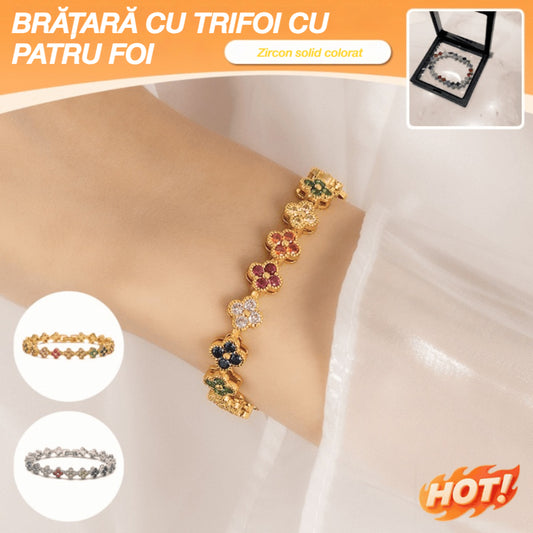 💖Cel mai mic preț pentru o perioadă limitată💎Brățară populară cu trifoi cu patru foi, zirconiu colorat și diamant integral, brățară de lux în stil european și american