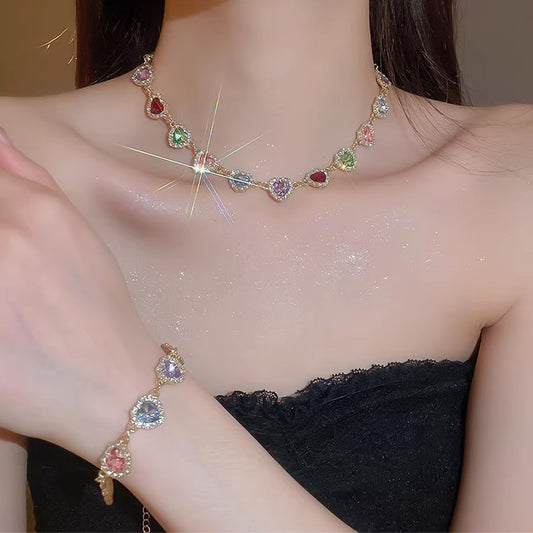 💖(brățară și colier) Set colorat în formă de inimă, cu accente de diamante în stil francez