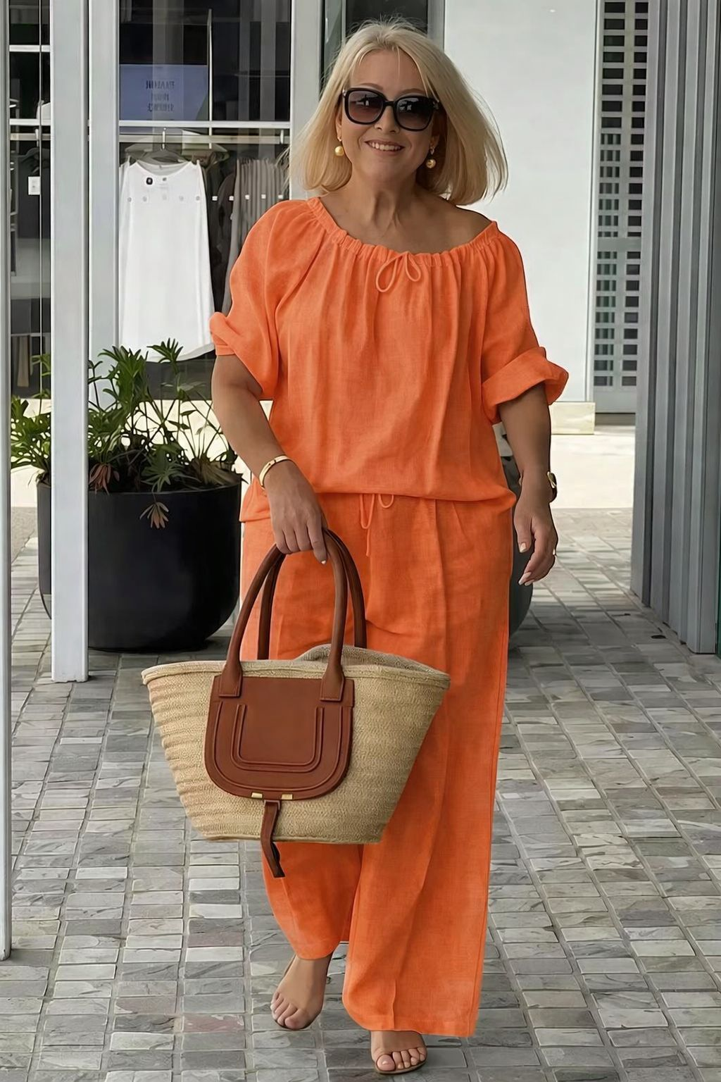 👑💃Set vară 2026, croială lejeră din bumbac și in 【Bluză cu guler rotund și șnur + pantaloni】