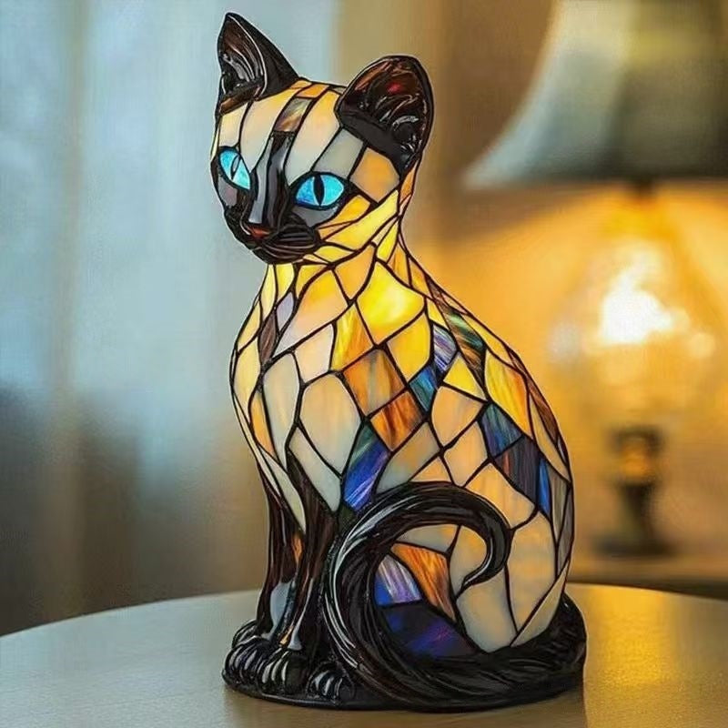 🐱Lampă de masă în formă de pisică, lumină de noapte retro, realizată din rășină colorată cu model de pisică
