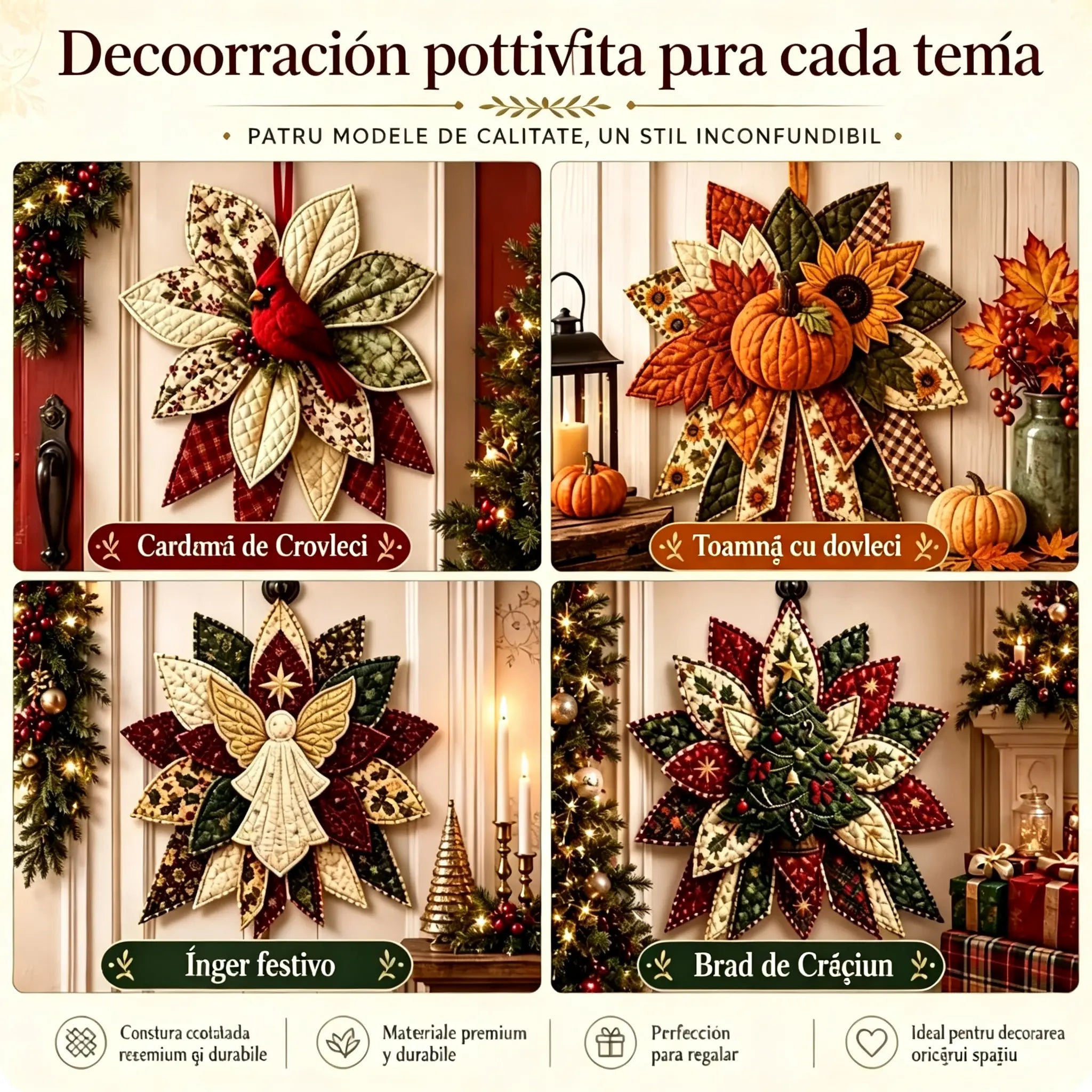 🎇🎄Kit de cusut matlasat pentru agățat pe ușă de Crăciun (7 modele)