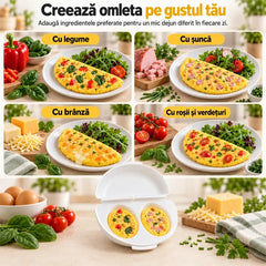 🍳Mic Dejun Perfect în Doar Câteva Minute! Formă pentru Omletă la Cuptorul cu Microunde 🥚 | 2 Compartimente · Material Antiaderent Alimentar · Balamale Detasabile pentru Curățare Ușoară · Preparare Rapidă Fără Ulei