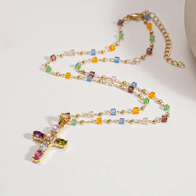 👍🥰🥰Promoție - Reducere 50% - Colier cruce cu zirconiu cubic colorat - Vine cu o cutie frumoasă de bijuterii