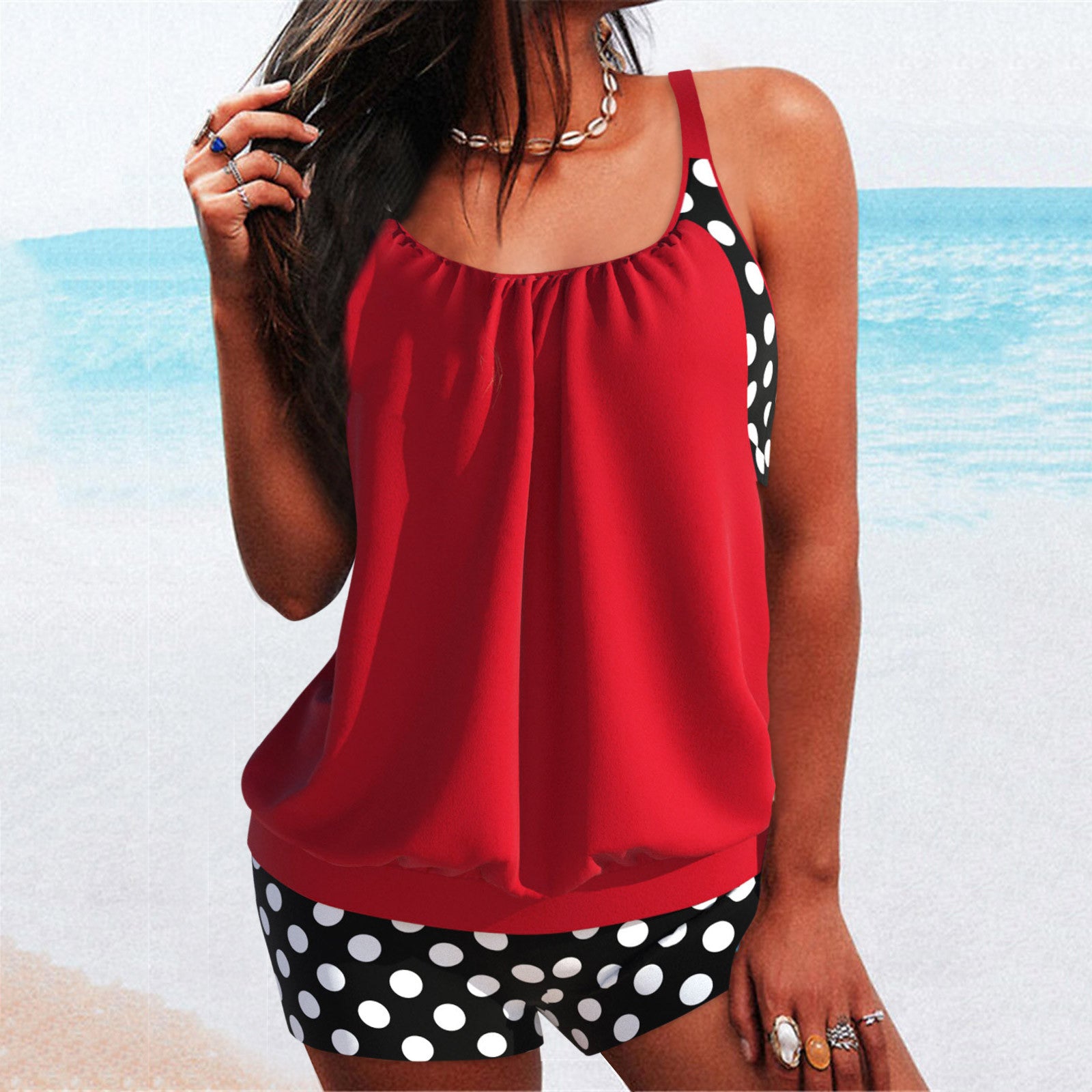 🏖️【S-4XL】Set de costum de baie sexy cu buline și bretele, mărime mare